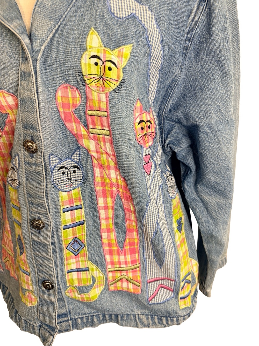 Vintage Tantrums Cat Appliqué Denim Jacket Large Artsy Quilted Patchwork - Picture 6 of 12